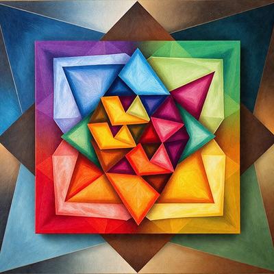 The primary subject of the image is a colorful geometric pattern, which is displayed in a painting or drawing. The setting is a square, and the visual style appears to be a combination of digital art and illustration. The colors and mood of the image are vibrant and lively, with a focus on the various shapes and patterns created by the geometric design.